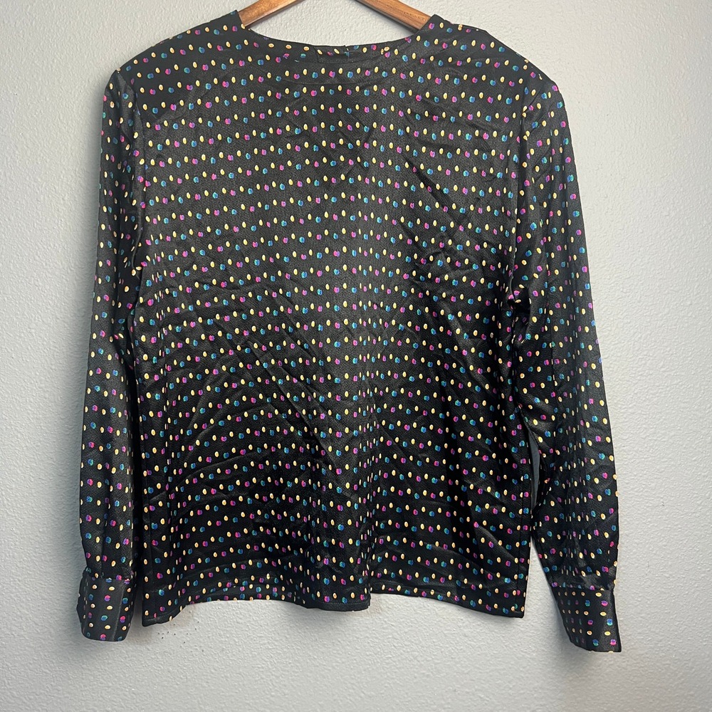 Vtg Jennifer Moore Blouse Size 16 Black Satin Multicolor Polka Dot Made in Korea